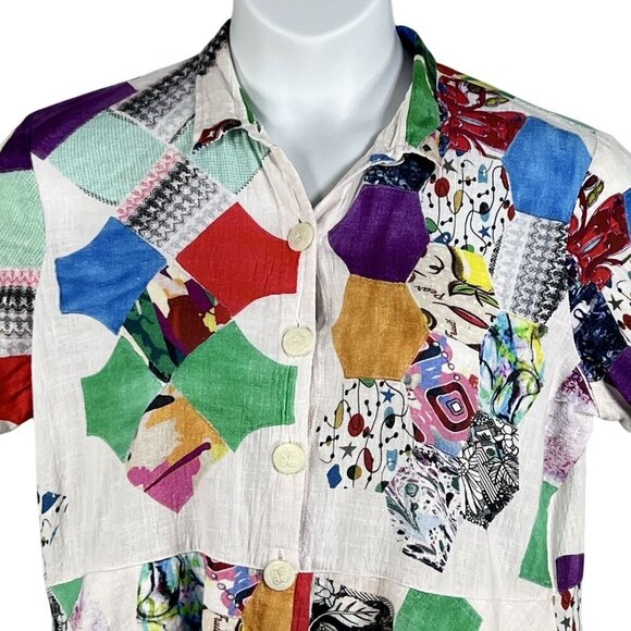 Parsley & Sage XL Bohemian Patchwork Ruffle Hi Lo Blouse Roll Tab Sleeve Artsy - Picture 4 of 16